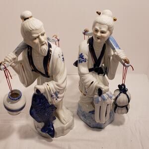Large Chinese Fisherman Couple Blue White Porcelain Figurine Statues 16” Gold